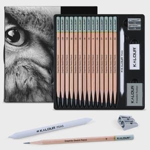 May include: A Kalour graphite sketching set, including pencils, a blending stump, a kneaded rubber eraser, and a sharpener. The set contains pencils with varying hardness grades, from 14B to 5H. The pencils are in a black box, ideal for artists.