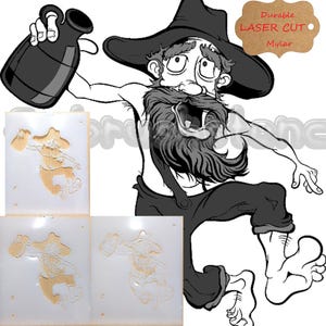 May include: A stencil featuring a cartoon character with a large beard and hat, holding a jug. The design includes a brown tag with the text Durable LASER CUT Mylar. The stencil is shown in three variations, displaying the cutout shape of the character.