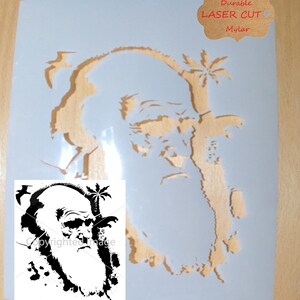 May include: A light blue stencil featuring a portrait of a bearded man with a palm tree and birds. The stencil is laser cut from a durable mylar material. The image also includes a smaller black and white illustration of the same portrait.