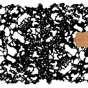 May include: Black laser-cut mylar stencil with a complex, organic pattern of interconnected shapes. The stencil has a durable design and includes a brown tag with the words "Durable Laser Cut Mylar".