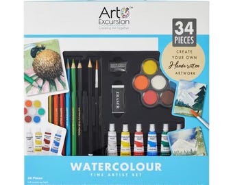 34 piece watercolour art set paints paper brush pencils etc