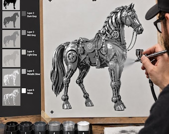6 Layer Steampunk Horse art airbrush Stencil set template