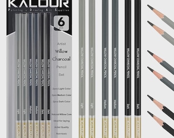 KALOUR High Grade Soft Core Blister Pack Willow Pencil 6pcs Willow Charcoal Pencil for Artist and Student and Hobbyist