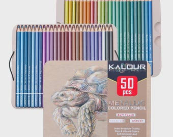 KALOUR High Grade Vibrant Soft Core Professional Oil Based 50colors Metallic Colour Pencil in Tin Box