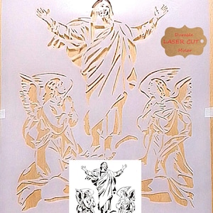 May include: A laser-cut stencil featuring a religious scene with a central figure and two angels. The design is in a light beige color, with the text "Durable Laser Cut Mylar" in a brown label.