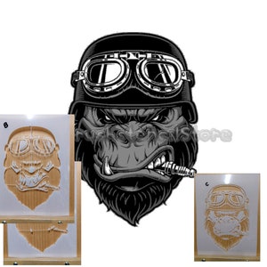 May include: A stencil of a gorilla wearing a motorcycle helmet and goggles, with a cigarette in its mouth. The stencil is made of wood and has a white background.