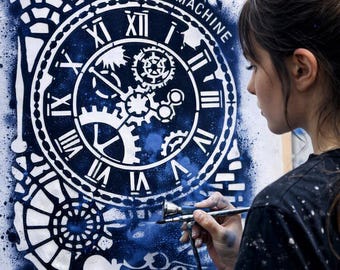 May include: A stencil art piece featuring a large clock face with Roman numerals and internal gears, labeled TIME MACHINE in white against a dark blue spray-painted background. The design includes decorative elements and mechanical components.