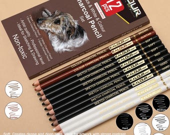KALOUR Artists Soft Core 12pcs Black White and Coloured Charcoal Pencil Set of 12