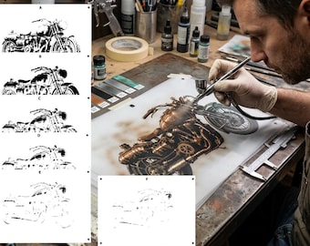 6 Layer Steampunk Motorcycle art airbrush Stencil set template