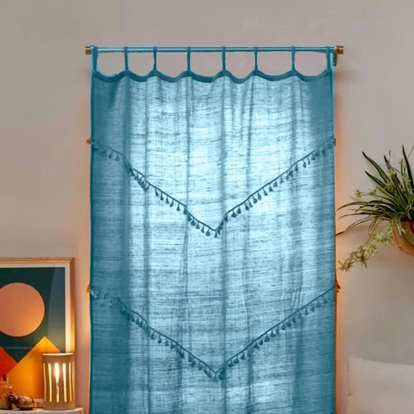 TEAL BLUE - Cotton Curtain, 1 Panel Tassel Curtain, Window Curtain,Curtains For Living Room Bedroom,Bohemian curtain,Handmade Door Curtain