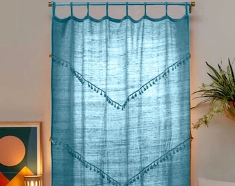 TEAL BLUE - Cotton Curtain, 1 Panel Tassel Curtain, Window Curtain,Curtains For Living Room Bedroom,Bohemian curtain,Handmade Door Curtain