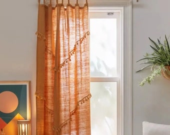 BOHEMIAN CURTAINS, 100% Cotton Window Curtains Drapes Door Panels For Bedroom Boho Tassel Curtain, Sheer Curtain Panel Living Room Curtain