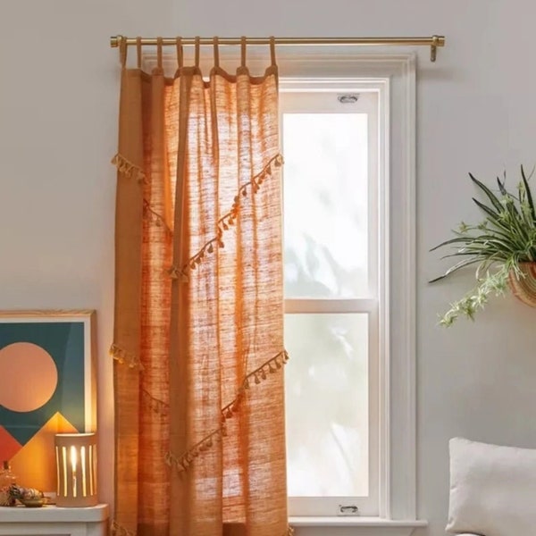 BOHEMIAN CURTAINS, 100% Cotton Window Curtains Drapes Door Panels For Bedroom Boho Tassel Curtain, Sheer Curtain Panel Living Room Curtain