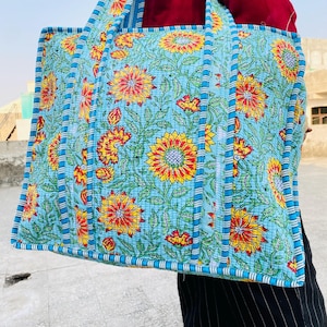 Cotton Quilted Bag, Block Print Tote Bag for Women, Boho Travel Bag, Handmade Shoulder Purse, Large Floral Weekender