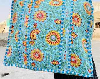 Cotton Quilted Bag, Block Print Tote Bag for Women, Boho Travel Bag, Handmade Shoulder Purse, Large Floral Weekender