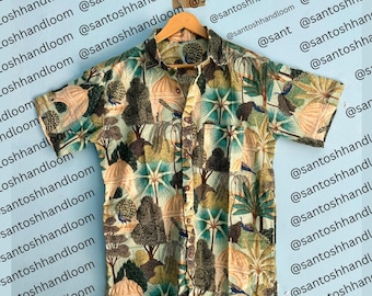 Camisa de algodón con estampado de bloques para hombre, ligera, orgánica, estampada a mano con tintes naturales, ideal para fiestas informales.