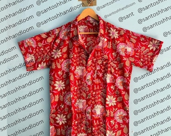 Herenshirt met handblokprint, Indiaas shirt van 100% puur katoen, shirt met bloemenprint, handgemaakt shirt, strandkleding, cadeau voor hem