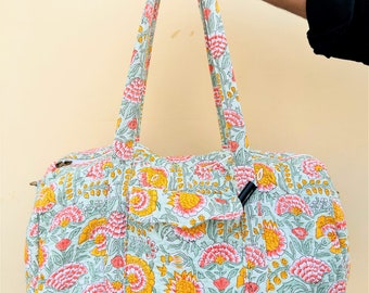 Duffle Bags Block prints Handmade Quilted Duffle Bags Shoulder Bag Travel Bag,Gym or Yoga Bag Quilted Bag Everyday Hand Luggage Bag