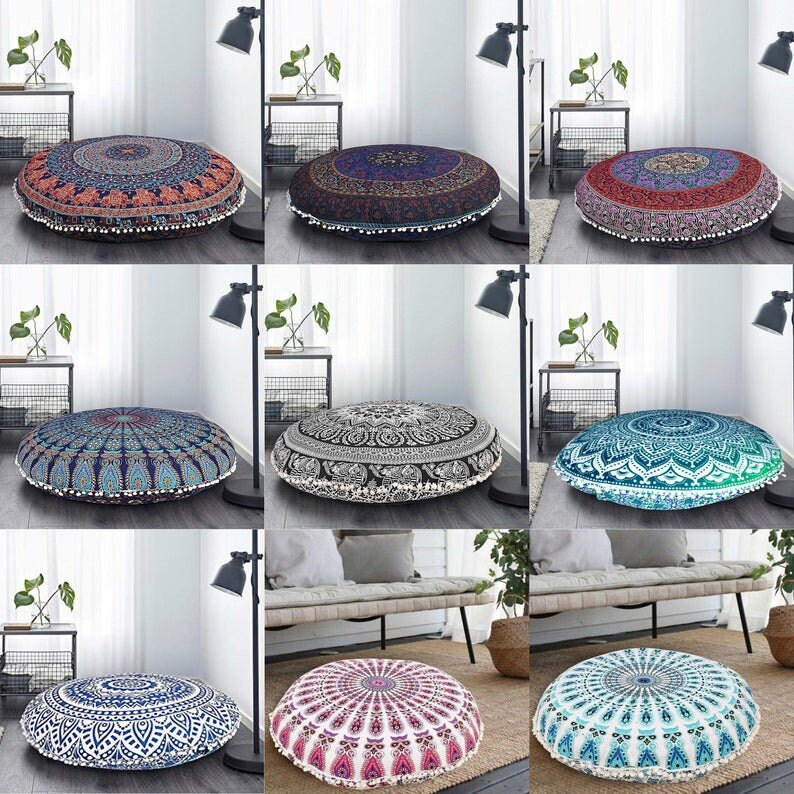 Indian Handmade Cotton Round Floor Cushion Filler, Bohemian Meditation  Floor Pillow Seating, Large Kilim Pouf Pillow Cover Insert Inner Pads 