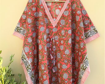 100% Cotton Handmade Kaftan Dress Long Top Caftan, Dress Beach Cover up, Flower Block Printed Sleepwear Maxi Dress Kimono Robe