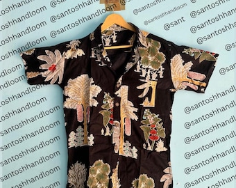 Camicia da uomo in 100% puro cotone, stampata a mano in India, rilassata, estiva, fresca e comoda, da giardino, da spiaggia, picnic e feste, per lui.