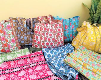 Indian Handmade Cotton Quilted Tote For Shopping, Hand Block Print Custom Storage Bag, Personalized Gift, Shoulder Carry on For market/Bags