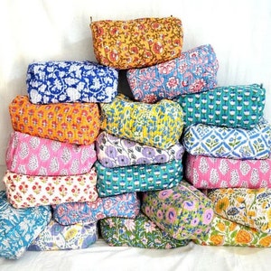 Large Toiletry Bag Set Of 3 PC / Travel Quilted Block Print Toiletry Organizer / Handmade Unique Gift For Women / Zipper Cosmetic Makeup Bag