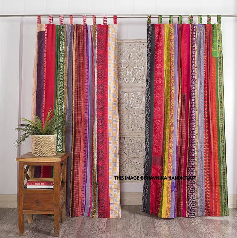 Rideau vintage indien en soie sari fait main, décoration de fenêtre de porte, rideau recyclé, rideau de fenêtre pour porte de maison, rideaux faits à la main image 7