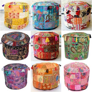 Bohemian Pouf Ottoman pouffe Vintage Patchwork Indian Pouf Large Round Ottoman Seat Stool Pouffe Round Cotton Stool Chair Bench Foot Stool