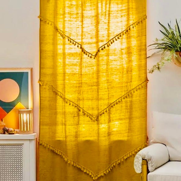 BOHEMIAN CURTAINS, 100%Cotton Window Curtain Handmade Door Drapes Tassel Curtain Bedroom Boho Curtain Mustard Yellow Living Room Curtain