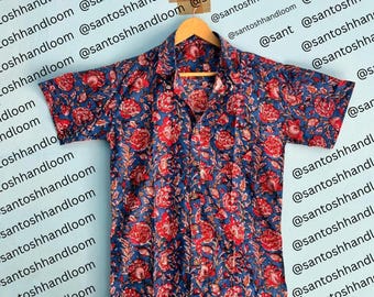 Camicia da uomo in puro cotone, stampata a mano in stile indiano, rilassata, estiva, fresca e comoda, da giardino, da spiaggia, da picnic e da festa, per lui.