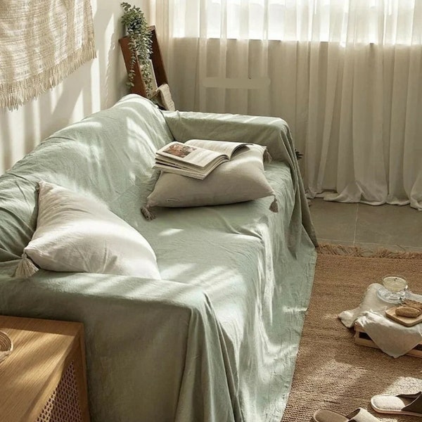Housse de canapé en coton naturel, couvre-lits de canapé, couvre-lit bohème, grand jeté de canapé vert sauge, housse de canapé bohème