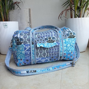 Patchwork Duffle Bag, Large Blue Quilted Cotton Weekender Bag, Unisex Travel Carry On, Overnight Bag, Unique Gift for Him Her