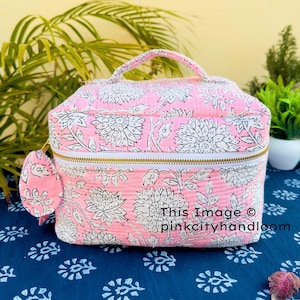 QUILTED Make-Up Vanity Bags /Large Travel Cosmetic Pouch /Block Print Make-Up Bag /Vintage Cosmetic Organizer /Valentine&#39;s Day Gift for Her
