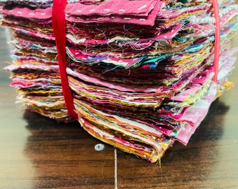 Vintage Scrap 50 pc Charm Pack Kantha Scrap Fat Quarter Bundle For Quilting Indian Sari Fabric Scrap Pre Cut Square Patchwork Boho Fabric