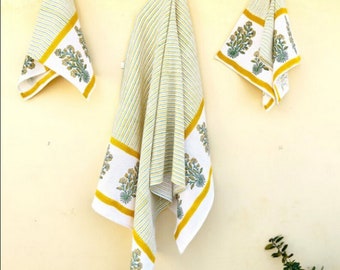 Block Printed Hand Towel /Set of 3 /Waffle Weave Premium Cotton Stonewashed Towel Soft Body Bathroom, Kitchen Towels