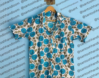 Camicia da uomo in puro cotone con stampa a blocchi, leggera, stampata a mano con tinture naturali, camicia con stampa a blocchi, camicia casual alla moda per feste.