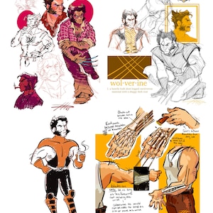 May include: A digital illustration of Wolverine, a comic book character, in various poses. The illustration includes sketches of Wolverine's face, body, and claws. The text "Wolverine" is written in black and yellow, and the text "Blades sit between radius and ulna" is written in black. The text "Exit points between knuckles NOT on knuckles" is written in black. The text "Blades can only be as long as his forearms, not including the wrist. Otherwise, he would not be able to bend his arm or move his wrist." is written in black. The text "Sears between knuckles from wrist bones, only use move out the way" is written in black.
