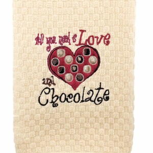 Ręcznik kuchenny z haftem Espresso Yourself i Love Cholate (wzory po obu stronach)