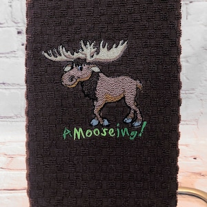 A-Moose-ing Dam-IT! Embroidered Moose Beaver Cute Tea Hand Kitchen Bathroom Dish Cotton Towel (Different Design on each end of the towel)