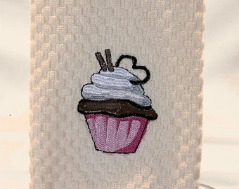 Cupcakes with Pretzels and a Bow on Top Embroidered Tea Towel