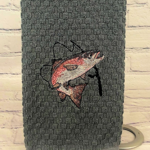 Gone Fishing for Salmon Embroidered Tea Towel (Different designs on each end of the towel)