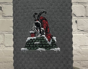 Krampus Knows when You are Sleeping Embroidered Tea Towel, Gift Towel, Hand Towel (Different design on each end of the towel)