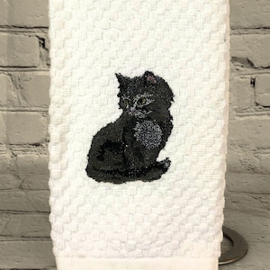 Fluffy Dark Kitten and Sleek Black Cat Embroidered Tea Towel (Different Designs on each side of the towel)