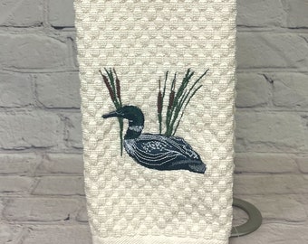 Loon in the Wetlands Embroidered Tea Hand Kitchen Bathroom Dish  Cotton Display Towel (Different Designs on each end of the towel)
