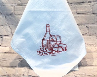 Line Drawing of Wine  and Cheese Embroidered Flour Sack Towel