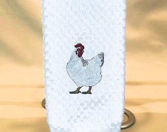 Fluffy White Hen and Colorful Rooster Embroidered Towel