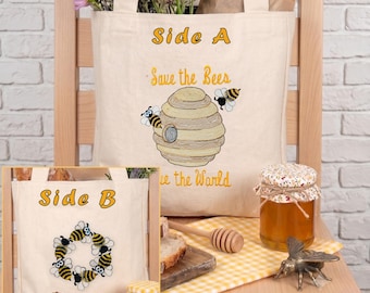 Save The Bees Bestickte Canvas-Einkaufstasche, doppelseitig, Markttasche, Naturbienenliebhaber