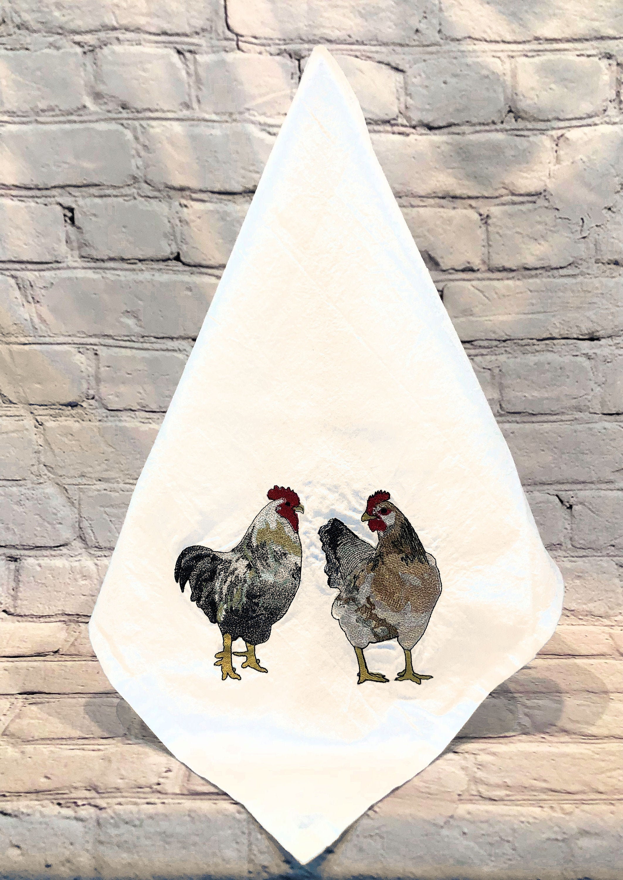 Yellow Hen and Black and White Rooster Embroidered Flour Sack | Etsy