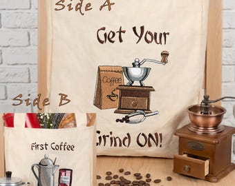 Bolso de mano para amantes del café, lona bordada, regalo para baristas, bolso de mercado reutilizable de doble diseño.